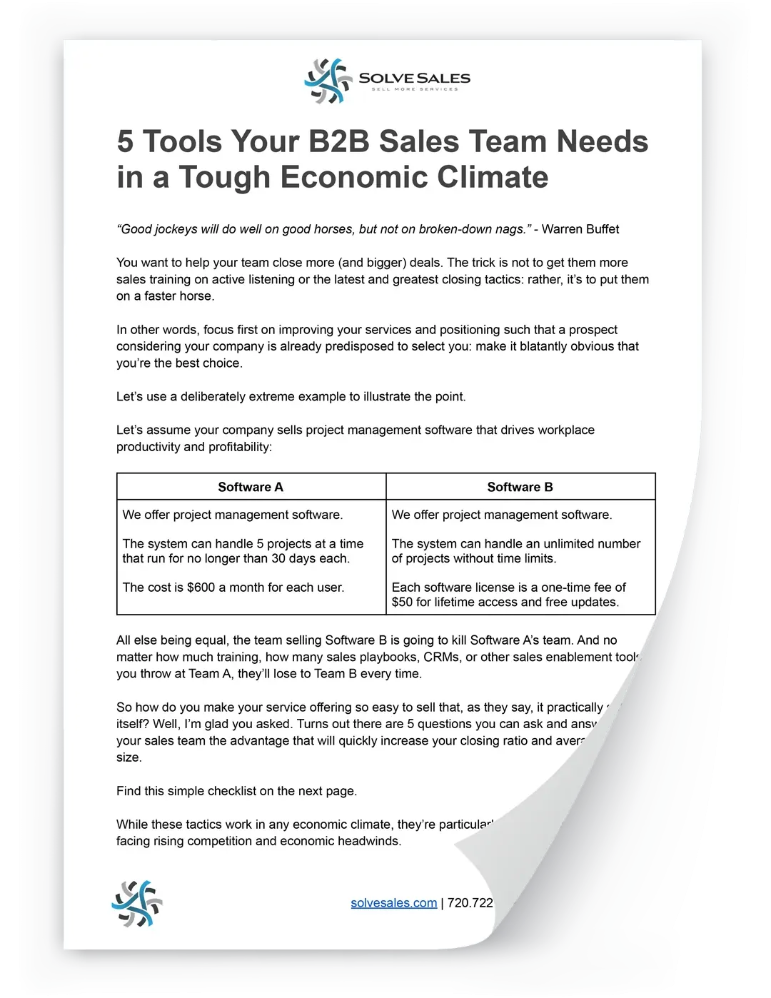 Mockup of the five-tools sales checklist