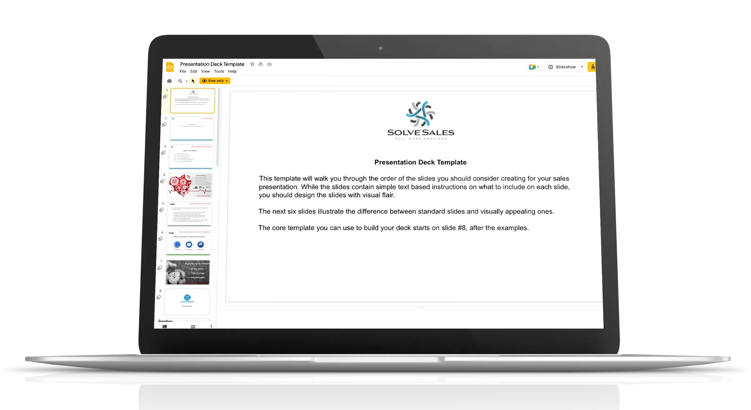 Mockup of the Solve Sales pitch deck template